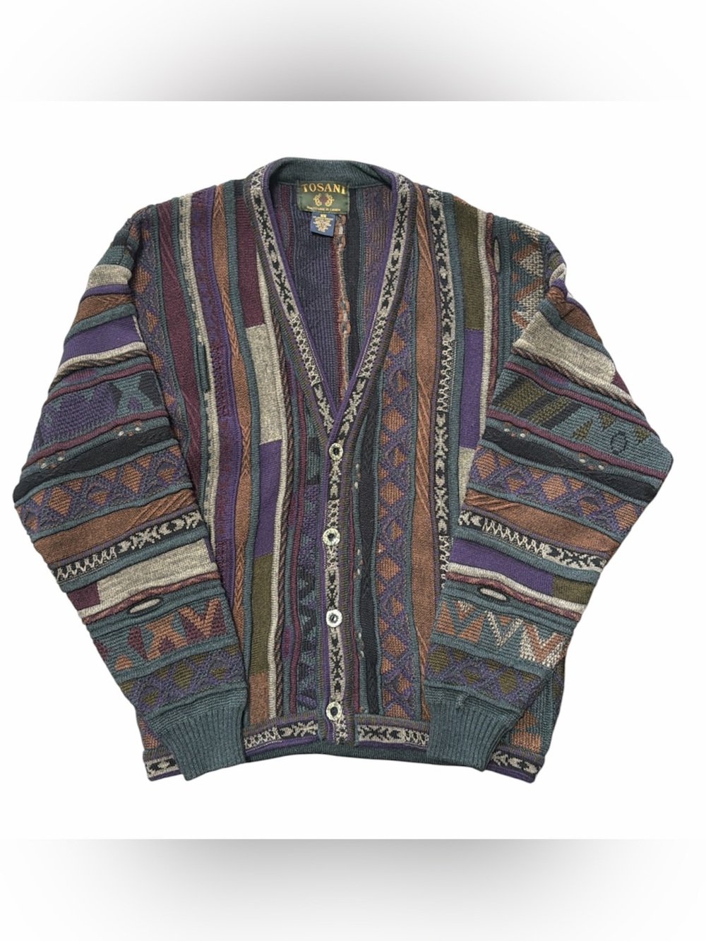 Vintage Tosani 3D Knit Coogi Style Wool Blend Cardigan Sweater Size M